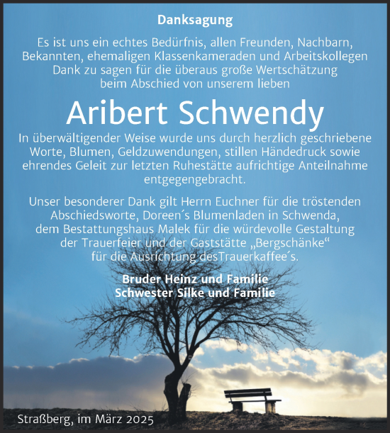 Traueranzeige von Aribert Schwendy von Trauerkombi Quedlinburg