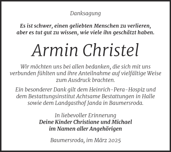 Traueranzeige von Armin Christel von Super Sonntag Naumburg/Nebra