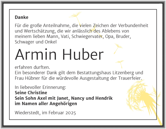 Traueranzeige von Armin Huber von Trauerkombi Mansfelder Land