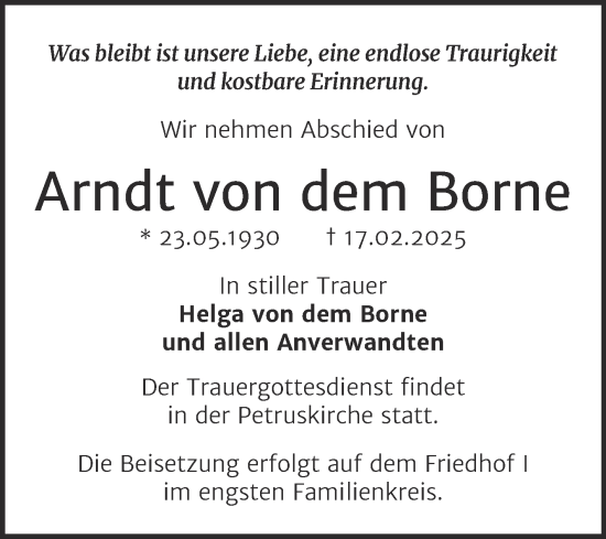 Traueranzeige von Arndt von dem Borne von Trauerkombi Dessau