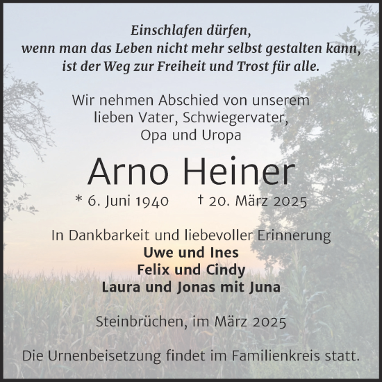 Traueranzeige von Arno Heiner von Trauerkombi Zeitz
