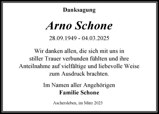 Traueranzeige von Arno Schone von Trauerkombi Aschersleben