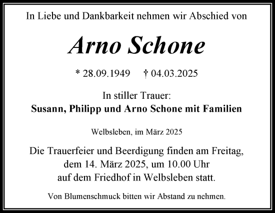 Traueranzeige von Arno Schone von Mitteldeutsche Zeitung Mansfelder Land