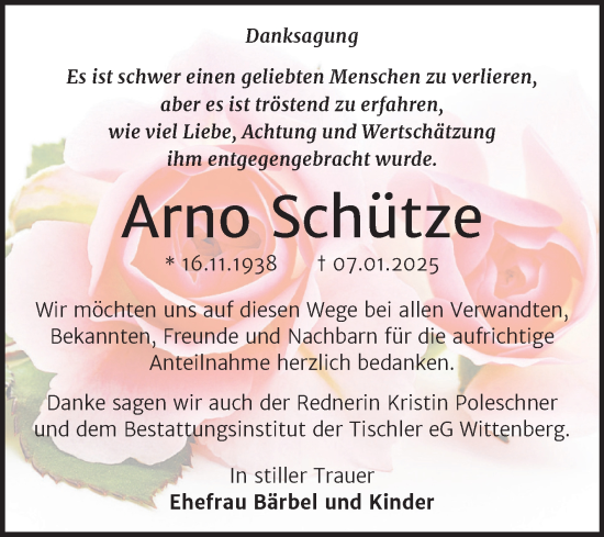Traueranzeige von Arno Schütze von Trauerkombi Wittenberg