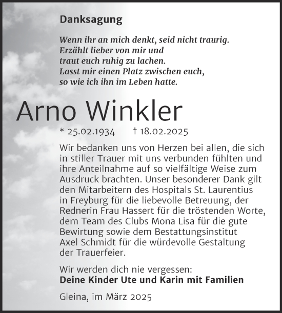 Traueranzeige von Arno Winkler von Super Sonntag Naumburg/Nebra