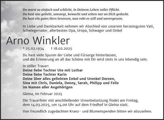 Traueranzeige von Arno Winkler von Super Sonntag Naumburg/Nebra