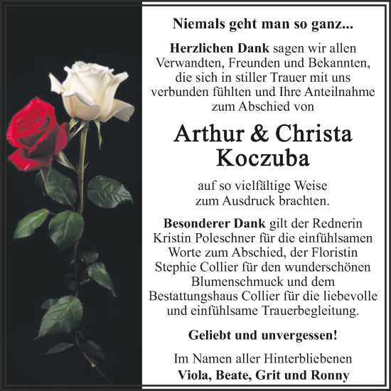 Traueranzeige von Arthur und Christa Koczuba von Trauerkombi Dessau