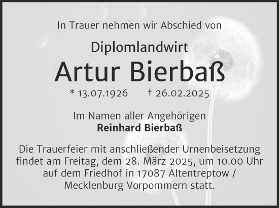 Traueranzeige von Artur Bierbaß von Mitteldeutsche Zeitung Bernburg