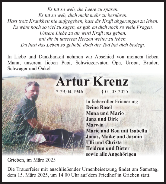 Traueranzeige von Artur Krenz von Volksstimme Altmark Ost