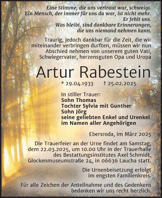 Traueranzeige von Artur Rabestein von Super Sonntag Naumburg/Nebra