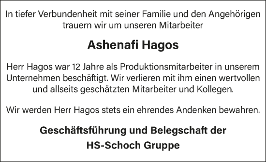 Traueranzeige von Ashenafi Hagos von Super Sonntag Wittenberg