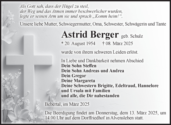 Traueranzeige von Astrid Berger von Volksstimme Haldensleben/Wolmirstedt