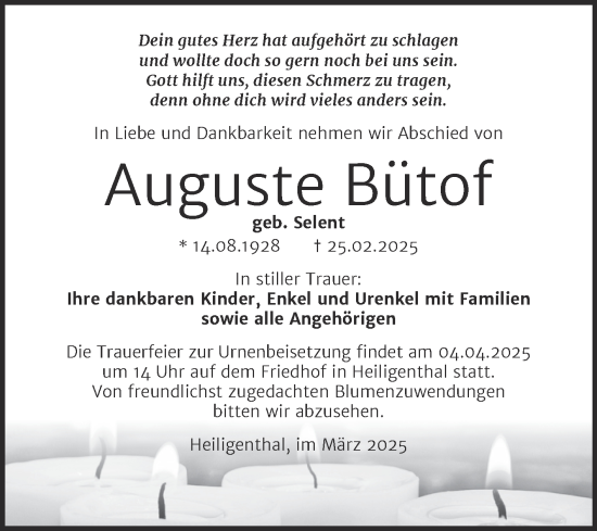Traueranzeige von Auguste Bütof von Trauerkombi Mansfelder Land