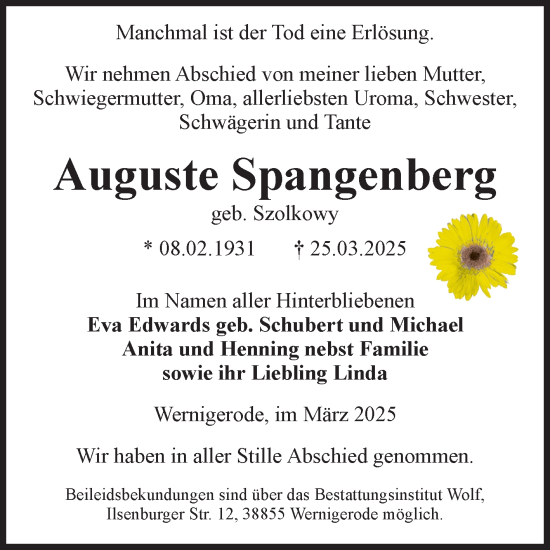 Traueranzeige von Auguste Spangenberg von Volksstimme Wernigerode