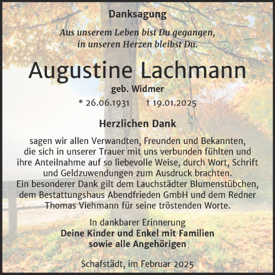 Traueranzeige von Augustine Lachmann von Trauerkombi Merseburg