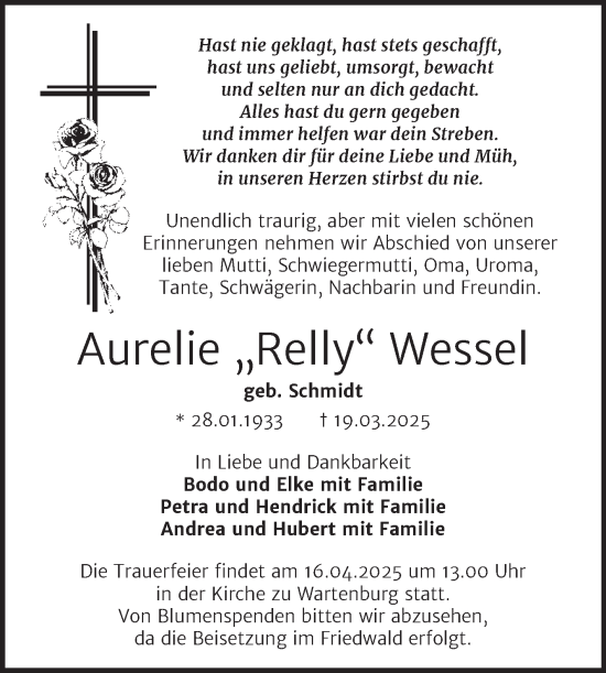 Traueranzeige von Aurelie Wessel von Trauerkombi Wittenberg