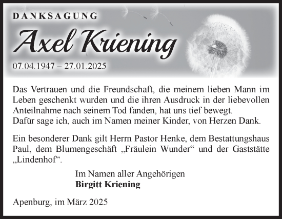 Traueranzeige von Axel Kriening von Volksstimme Altmark West