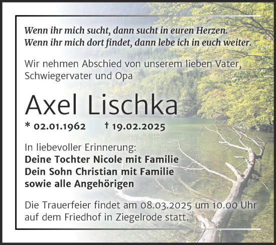 Traueranzeige von Axel Lischka von Trauerkombi Mansfelder Land