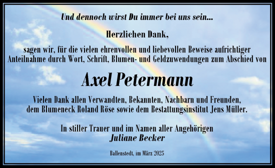 Traueranzeige von Axel Petermann von Trauerkombi Quedlinburg