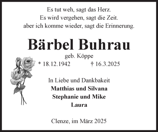 Traueranzeige von Bärbel Buhrau von Volksstimme Zerbst