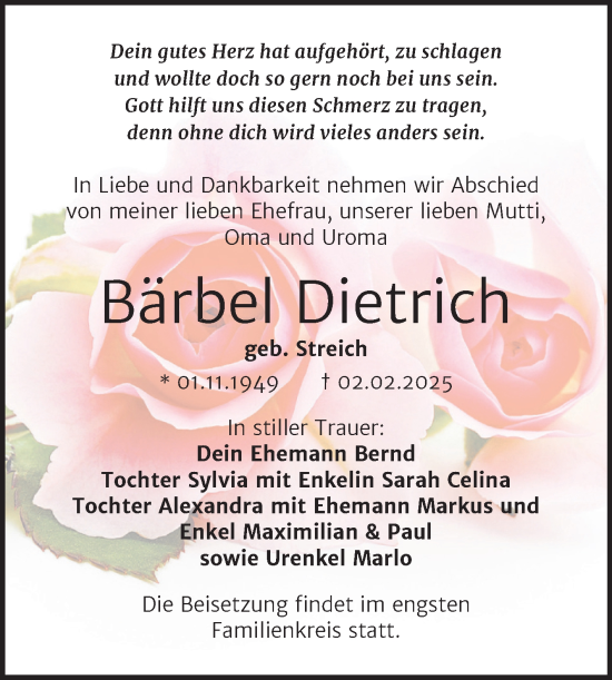 Traueranzeige von Bärbel Dietrich 