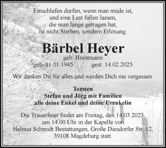 Traueranzeige von Bärbel Heyer von Volksstimme Magdeburg