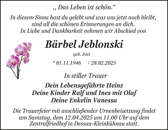 Traueranzeige von Bärbel Jeblonski von Trauerkombi Dessau