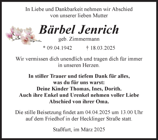 Traueranzeige von Bärbel Jenrich 