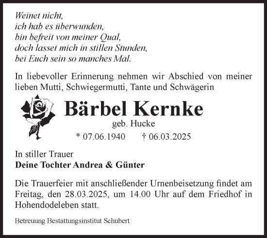 Traueranzeige von Bärbel Kernke von Volksstimme Oschersleben/Wanzleben