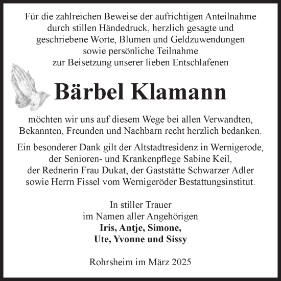 Traueranzeige von Bärbel Klamann von Volksstimme Halberstadt