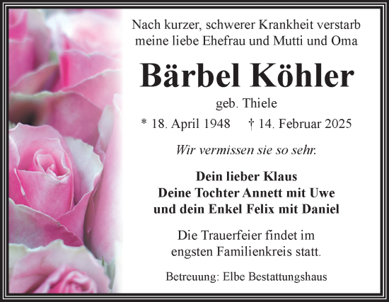 Traueranzeige von Bärbel Köhler von Volksstimme Magdeburg