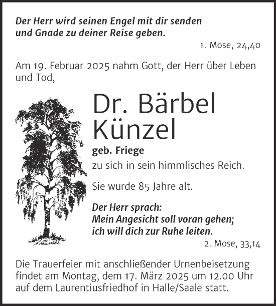 Traueranzeige von Bärbel Künzel von Mitteldeutsche Zeitung Halle/Saalkreis