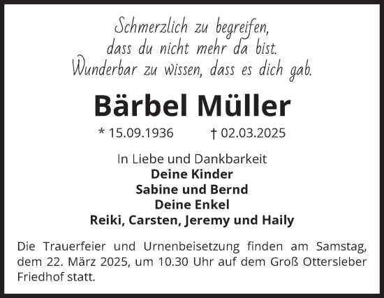 Traueranzeige von Bärbel Müller von Volksstimme Magdeburg