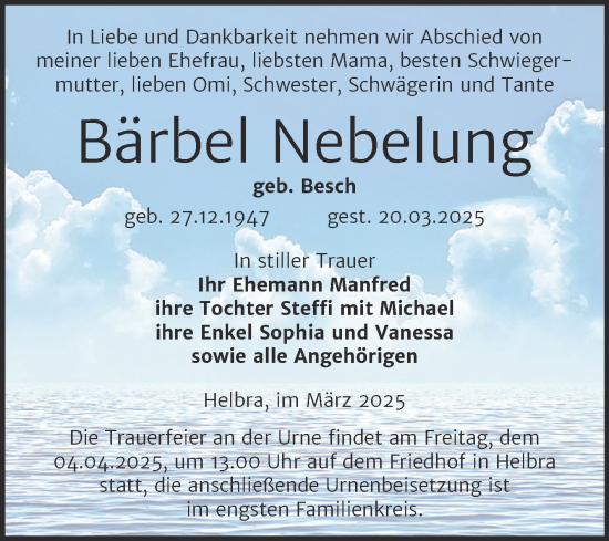 Traueranzeige von Bärbel Nebelung von Mitteldeutsche Zeitung Mansfelder Land