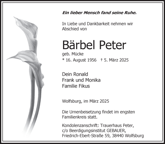 Traueranzeige von Bärbel Peter von Mitteldeutsche Zeitung Merseburg/Querfurt