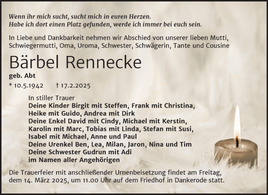 Traueranzeige von Bärbel Rennecke von Trauerkombi Quedlinburg