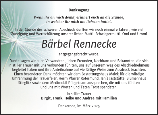 Traueranzeige von Bärbel Rennecke von Trauerkombi Quedlinburg