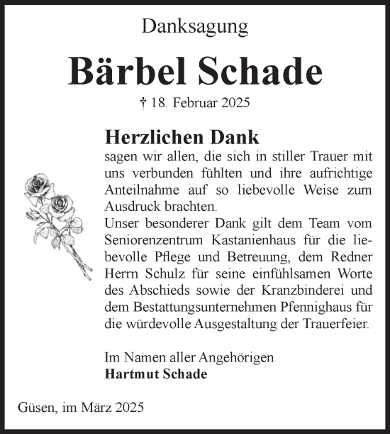 Traueranzeige von Bärbel Schade von Volksstimme Burg/Genthin