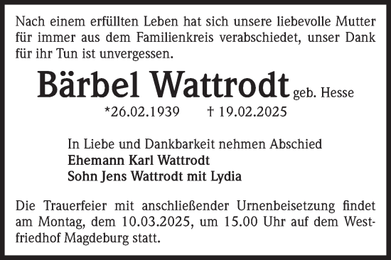 Traueranzeige von Bärbel Wattrodt von Volksstimme Magdeburg