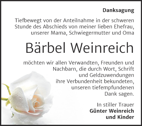 Traueranzeige von Bärbel Weinreich von Trauerkombi Sangerhausen