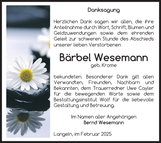 Traueranzeige von Bärbel Wesemann von Volksstimme Wernigerode