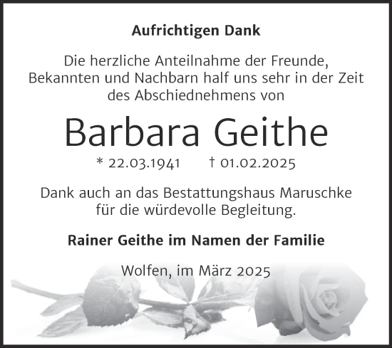 Traueranzeige von Barbara Geithe von Trauerkombi Bitterfeld