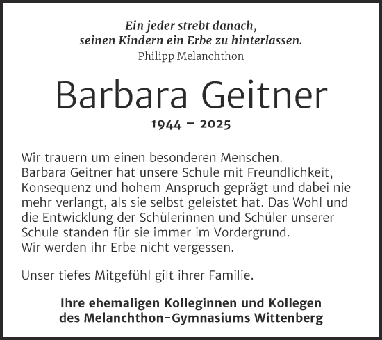 Traueranzeige von Barbara Geitner von Trauerkombi Wittenberg