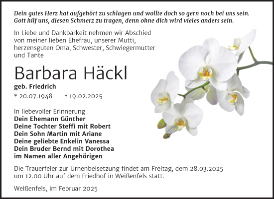 Traueranzeige von Barbara Häckl von Trauerkombi Weißenfels