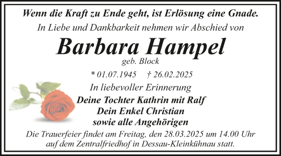 Traueranzeige von Barbara Hampel von Trauerkombi Dessau