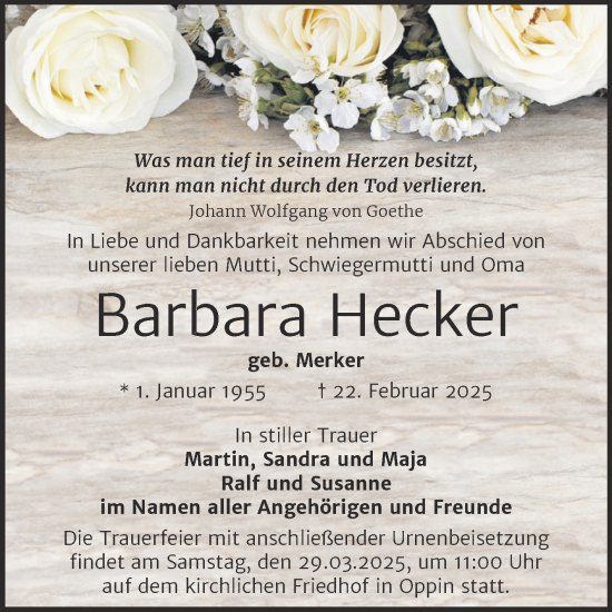 Traueranzeige von Barbara Hecker von Mitteldeutsche Zeitung Halle/Saalkreis