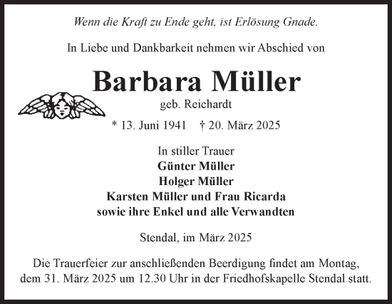 Traueranzeige von Barbara Müller von Volksstimme Altmark Ost
