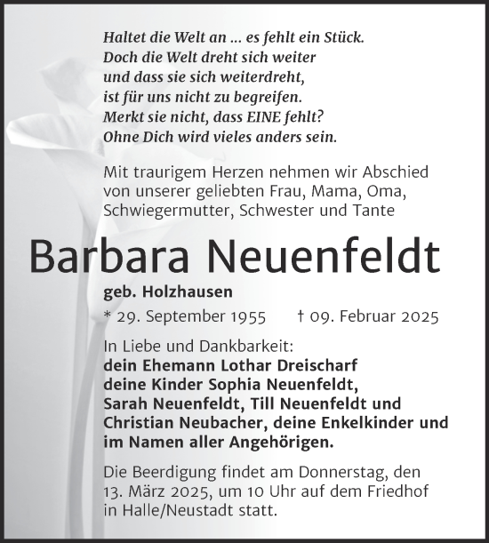 Traueranzeige von Barbara Neuenfeldt von Mitteldeutsche Zeitung Halle/Saalkreis