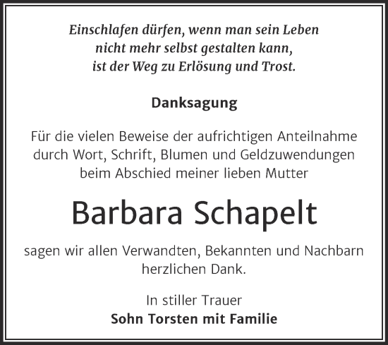 Traueranzeige von Barbara Schapelt von Trauerkombi Wittenberg