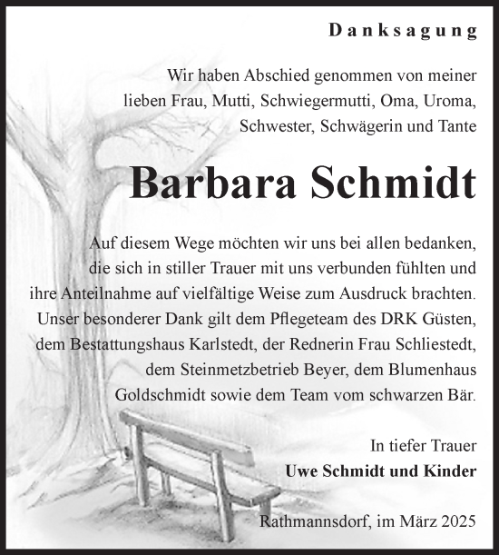 Traueranzeige von Barbara Schmidt von Volksstimme Staßfurt
